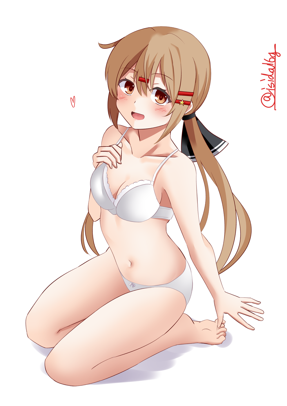 1girl black_bow blush bow bra breasts brown_eyes brown_hair from_above hair_bow highres ishida_arata kantai_collection long_hair looking_at_viewer looking_up low_twintails medium_breasts open_mouth panties simple_background sitting smile solo tashkent_(kancolle) twintails twitter_username underwear wariza white_background white_bra white_panties