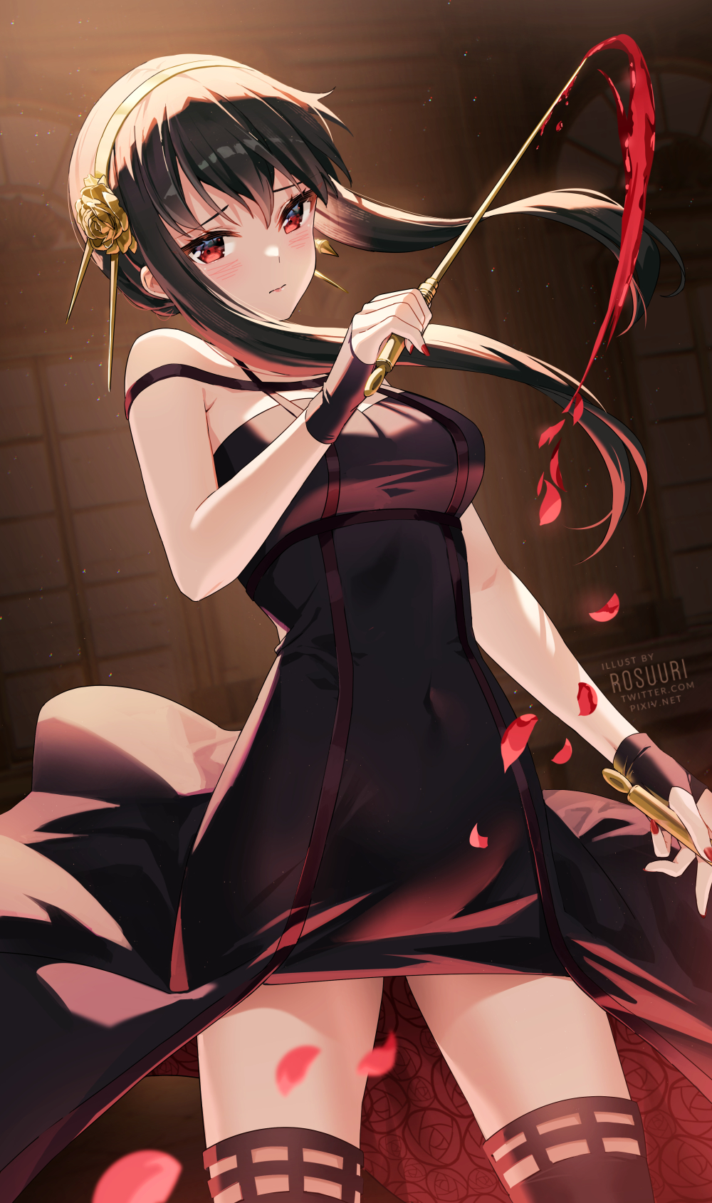 1girl bangs black_dress black_hair black_legwear blood blush breasts closed_mouth commentary commentary_request cowboy_shot dress dual_wielding floating_hair gold_hairband highres holding large_breasts long_hair looking_at_viewer petals red_eyes revision rose_hair_ornament rose_petals rosuuri sidelocks solo spy_x_family thigh-highs watermark web_address yor_briar zettai_ryouiki