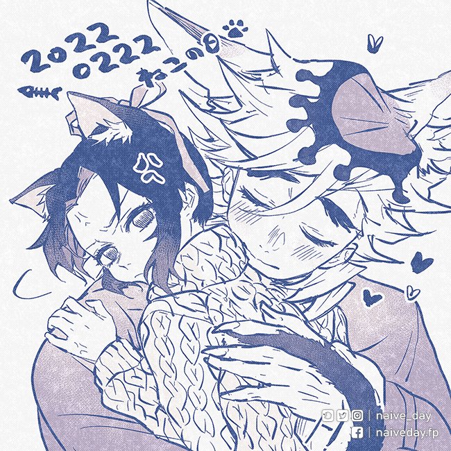 1boy 1girl alternate_hair_ornament anger_vein animal_ear_fluff animal_ears aran_sweater blush cat_boy cat_day cat_ears cat_girl cat_tail closed_mouth contemporary cuddling dated douma_(kimetsu_no_yaiba) eyelashes facing_viewer fingernails fish_boy frown hair_between_eyes hair_ribbon hand_on_another's_back hand_on_another's_shoulder head_on_another's_shoulder head_tilt heart hug kemonomimi_mode kimetsu_no_yaiba kochou_shinobu leaning_on_person long_sleeves looking_at_viewer looking_back monochrome multicolored_hair naive_(day) print_hair ribbon sharp_fingernails sidelocks simple_background smile streaked_hair sweater tail turtleneck turtleneck_sweater twitter_username updo upper_body