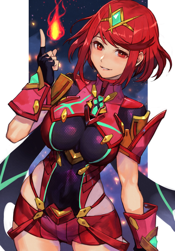 1girl bangs black_gloves breasts chest_jewel earrings fingerless_gloves gloves hankuri headpiece jewelry large_breasts pyra_(xenoblade) red_eyes red_legwear red_shorts redhead short_hair short_shorts shorts solo swept_bangs thigh-highs tiara xenoblade_chronicles_(series) xenoblade_chronicles_2