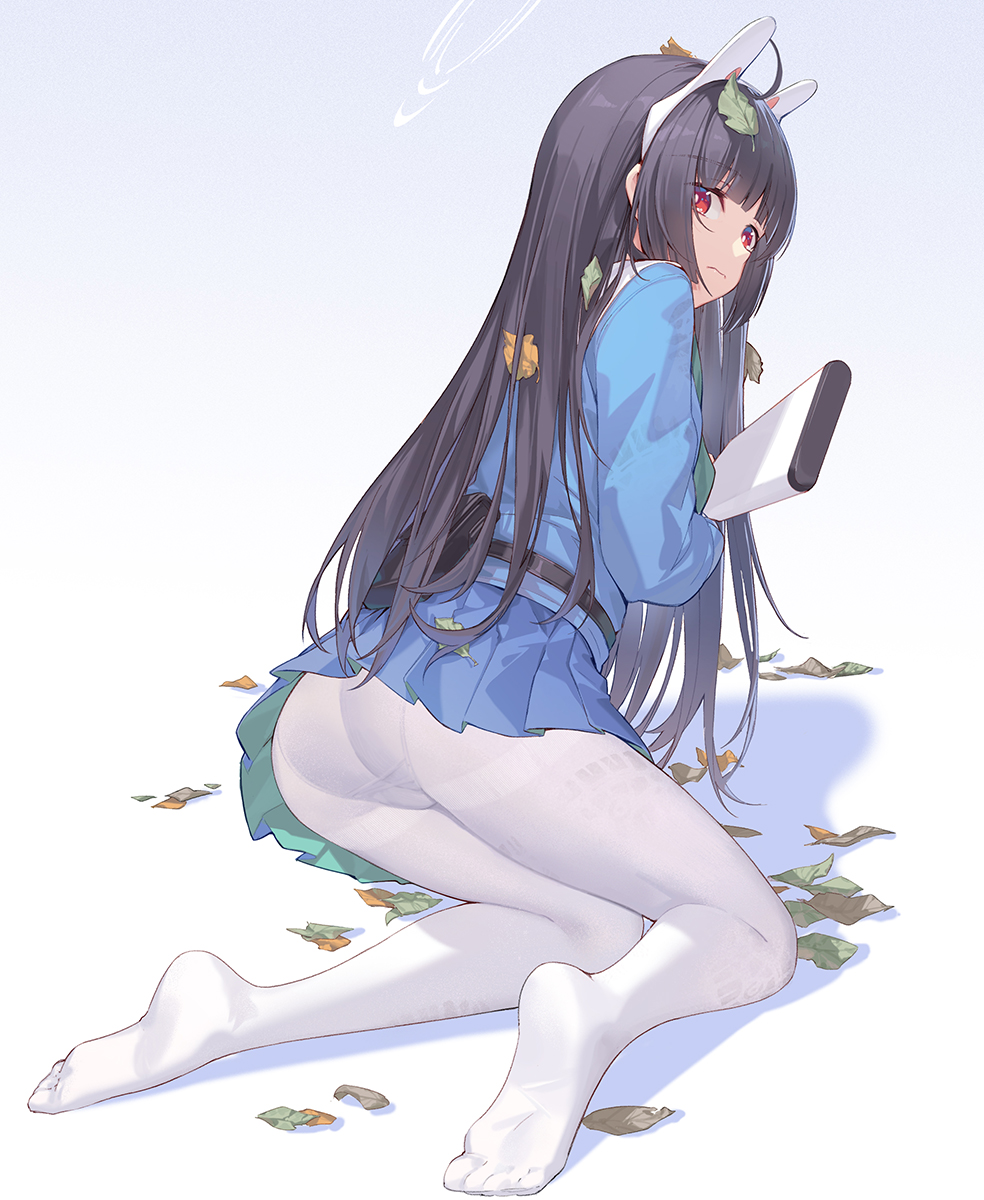 1girl ass bangs black_hair blue_archive blue_shirt blue_skirt blunt_bangs closed_mouth eyebrows_visible_through_hair feet from_behind full_body halo highres leaf leaf_on_head long_hair long_sleeves looking_at_viewer looking_back miyu_(blue_archive) nian_(zhanian) panties panties_under_pantyhose pantyhose pleated_skirt red_eyes shirt skirt soles solo underwear white_legwear