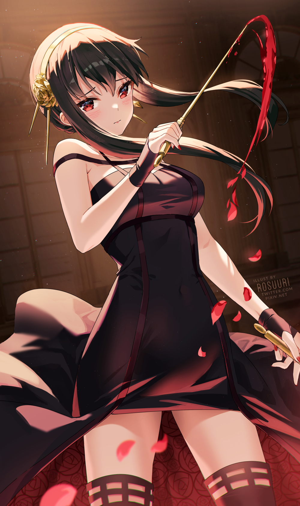 1girl bangs black_dress black_hair black_legwear blood blush breasts closed_mouth commentary_request cowboy_shot dress dual_wielding floating_hair gold_hairband highres holding large_breasts long_hair looking_at_viewer petals red_eyes rose_hair_ornament rose_petals rosuuri sidelocks solo spy_x_family thigh-highs watermark web_address yor_briar zettai_ryouiki