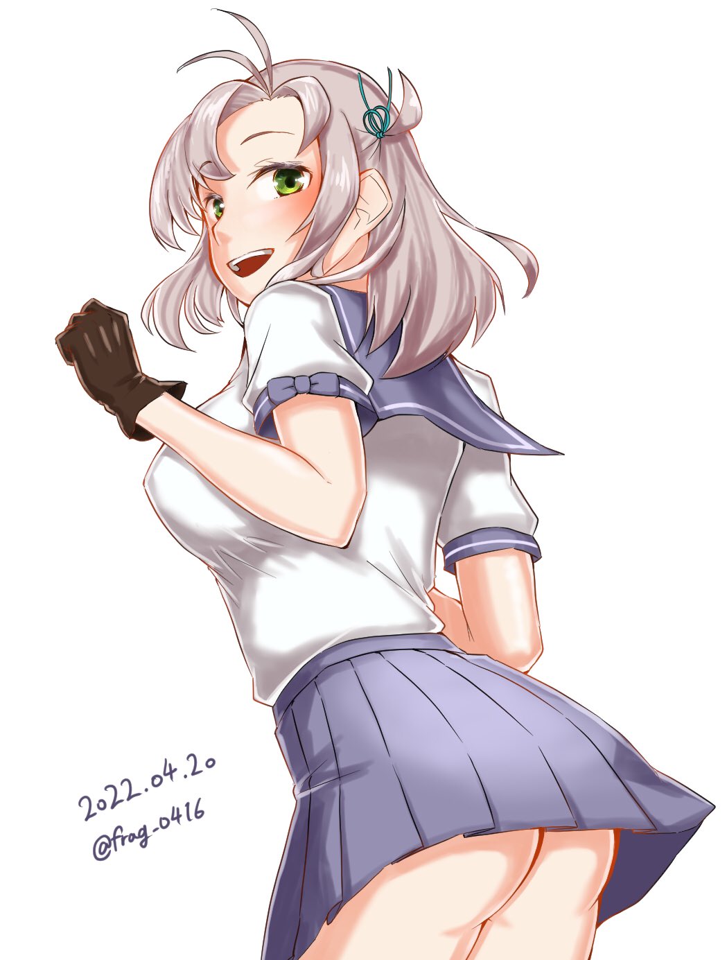 antenna_hair ass back belt black_gloves breasts dated furaggu_(frag_0416) gloves green_eyes grey_hair hair_tie highres kantai_collection kinugasa_(kancolle) kinugasa_kai_ni_(kancolle) looking_at_another medium_breasts medium_hair necktie one_side_up open_mouth purple_sailor_collar purple_skirt ribbon sailor_collar school_uniform serafuku shirt short_sleeves skirt twitter_username white_shirt yellow_necktie