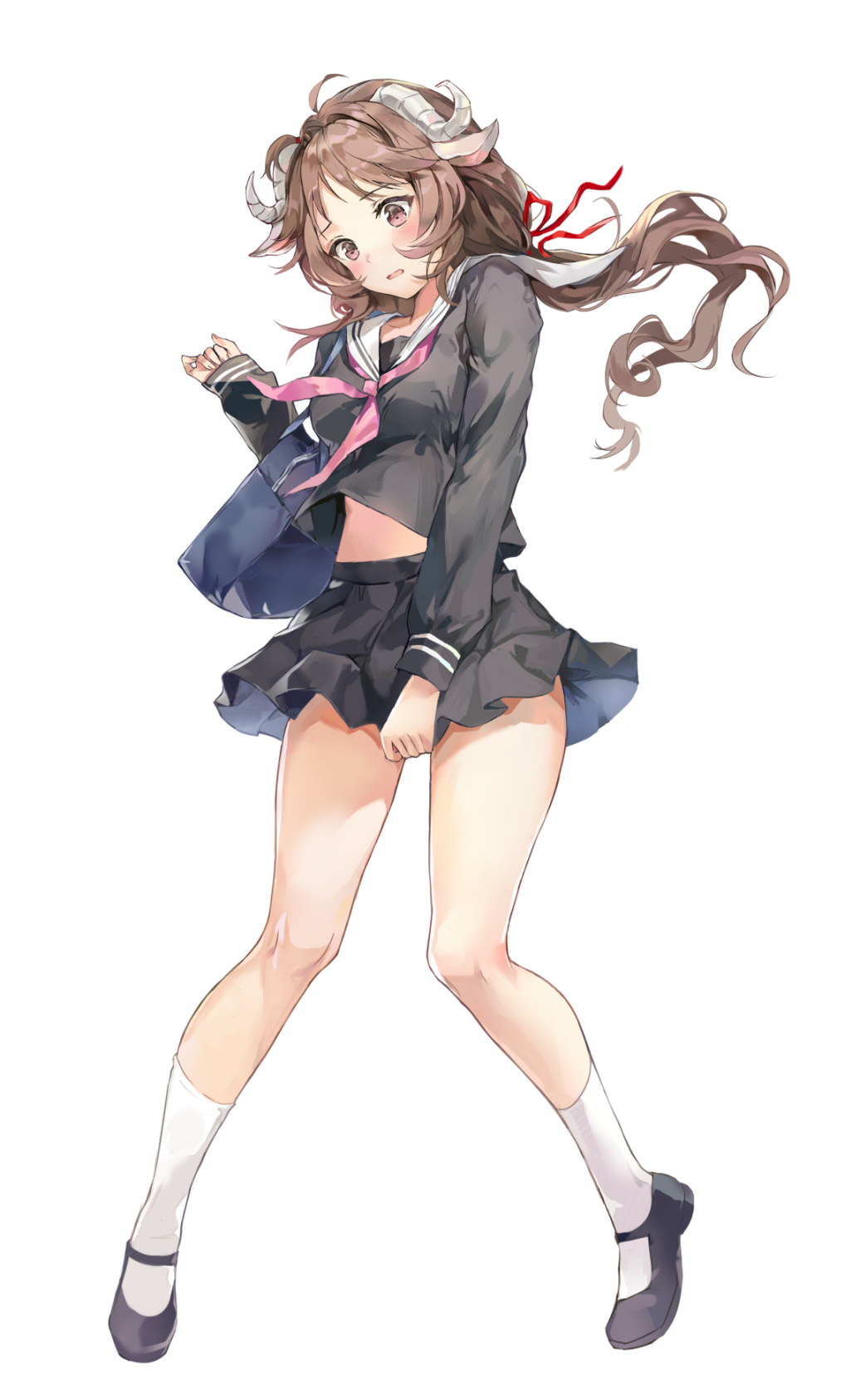 1girl animal_ears arknights bag bangs black_footwear black_shirt black_skirt blush breasts brown_eyes brown_hair eyjafjalla_(arknights) full_body hair_ribbon highres horns kneehighs kuza_brs long_hair long_sleeves looking_down medium_breasts midriff_peek neckerchief parted_lips pink_neckerchief red_ribbon ribbon sailor_collar school_bag school_uniform serafuku sheep_ears sheep_girl sheep_horns shirt shoes shoulder_bag simple_background skirt skirt_tug solo white_background white_legwear white_sailor_collar