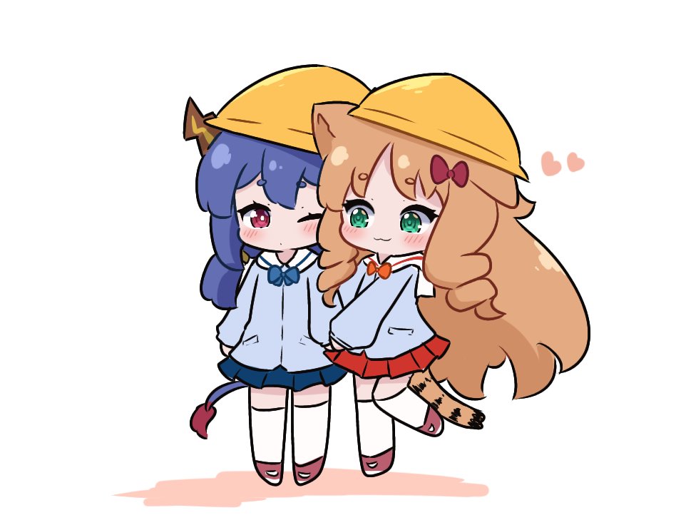 2girls :3 animal_ears arknights blue_eyes blue_shirt blue_skirt blush bow brown_footwear brown_hair ch'en_(arknights) chibi closed_mouth colored_shadow commentary dragon_girl dragon_horns dragon_tail english_commentary eyebrows_visible_through_hair green_eyes hair_bow hat heart horns kneehighs kurotofu long_hair multiple_girls one_eye_closed pleated_skirt red_bow red_eyes red_skirt ringlets sailor_collar school_hat school_uniform serafuku shadow shirt shoes short_eyebrows skirt standing standing_on_one_leg swire_(arknights) tail thick_eyebrows tiger_ears tiger_girl tiger_tail very_long_hair white_background white_legwear white_sailor_collar yellow_headwear younger