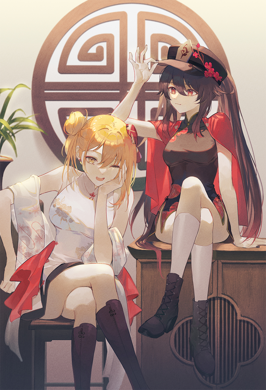 2girls ;d arm_support bangs black_dress black_footwear black_headwear blonde_hair boots breasts brown_hair cabbie_hat cape cha_chya commentary cross-laced_footwear crossed_legs dress eyebrows_visible_through_hair feet_out_of_frame genshin_impact hair_between_eyes hair_bun hand_up hat head_rest highres hu_tao_(genshin_impact) indoors lace-up_boots long_hair medium_breasts multiple_girls one_eye_closed red_cape red_eyes sitting sleeveless sleeveless_dress smile twintails white_dress white_legwear yoimiya_(genshin_impact)