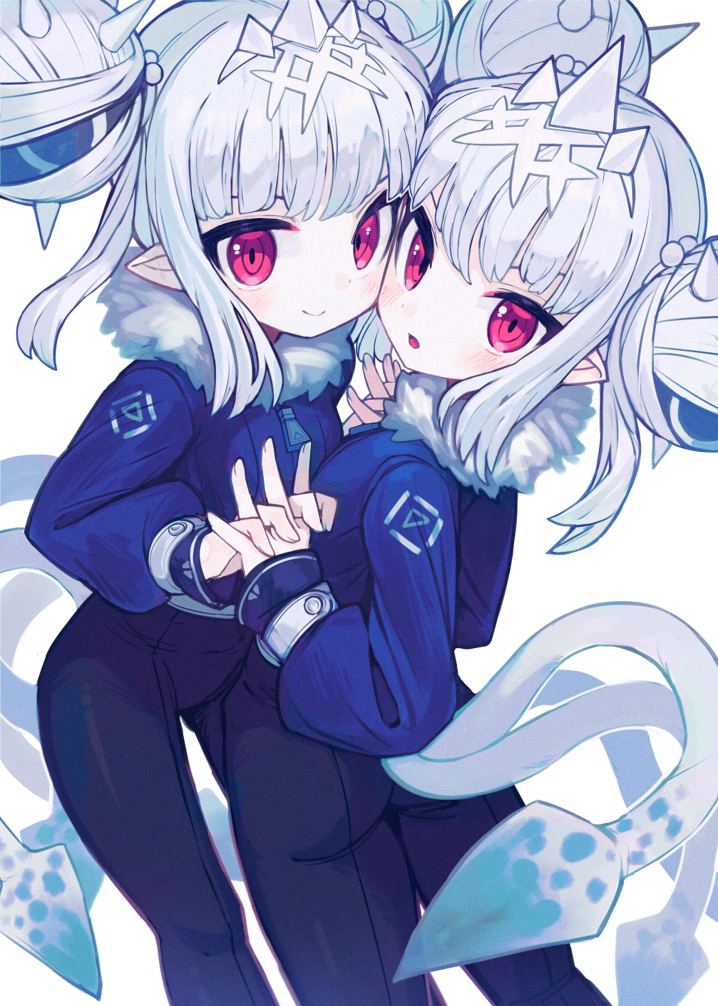2girls ass bangs black_pants blue_jacket blush closed_mouth commentary double_bun eyebrows_behind_hair fur-trimmed_jacket fur_trim highres holding_hands interlocked_fingers jacket ketopon looking_at_viewer looking_back multiple_girls multiple_tails original pants parted_lips pointy_ears red_eyes silver_hair simple_background smile spikes symbol-only_commentary tail white_background