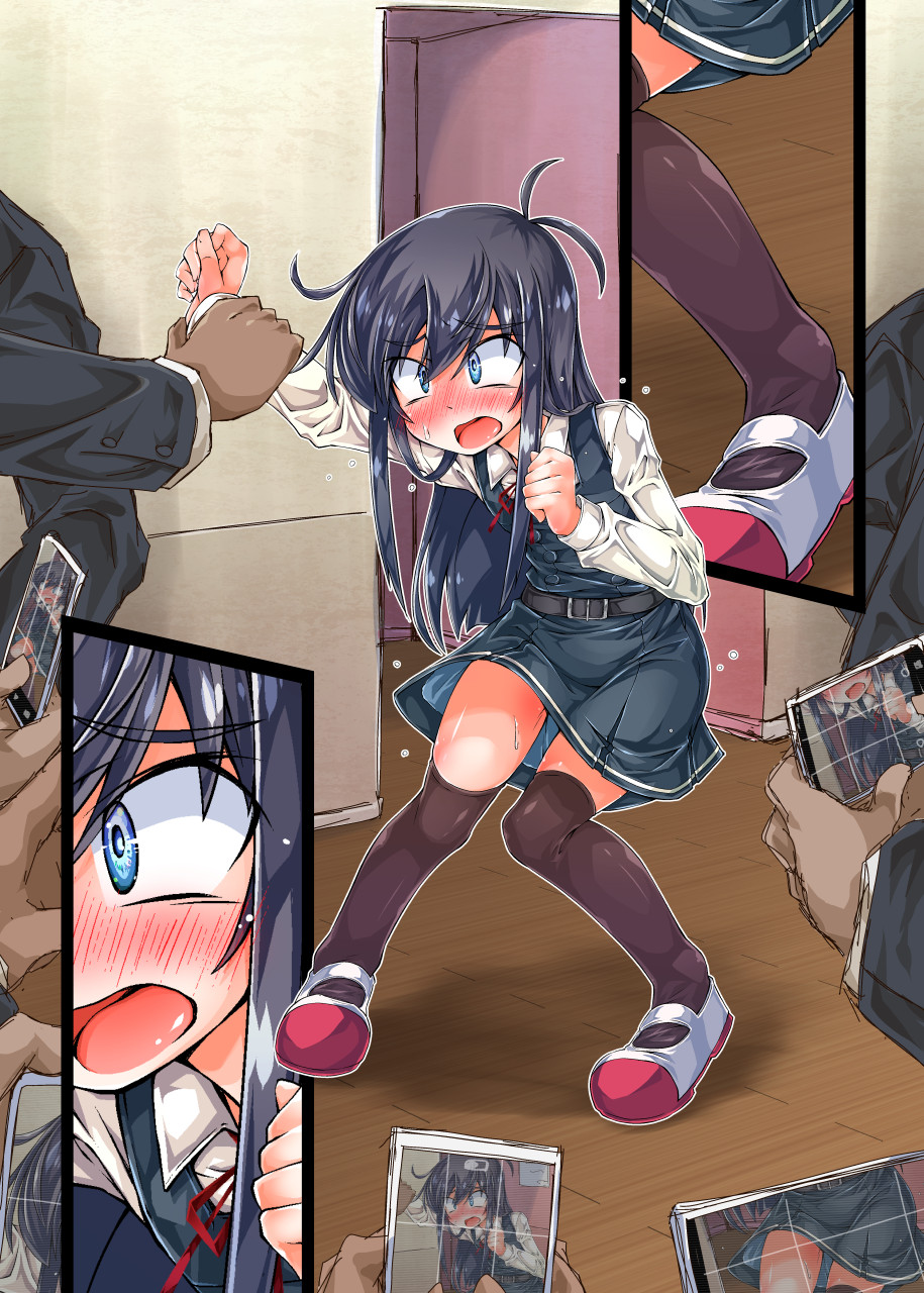 1girl arm_up asashio_(kancolle) bangs belt black_hair black_legwear blue_dress blue_eyes blush buttons cellphone clenched_hands close-up collared_shirt commentary_request constricted_pupils dark-skinned_male dark_skin dress embarrassed eyebrows_visible_through_hair flat_chest hand_up have_to_pee highres holding holding_another's_arm holding_phone indoors kantai_collection long_hair long_sleeves multiple_boys multiple_views narumiya neck_ribbon nose_blush open_mouth outline phone pinafore_dress recording red_footwear red_ribbon ribbon school_uniform shiny shiny_hair shirt shoes sidelocks sleeveless sleeveless_dress smartphone solo_focus sweat textless thigh-highs white_outline white_shirt wooden_floor