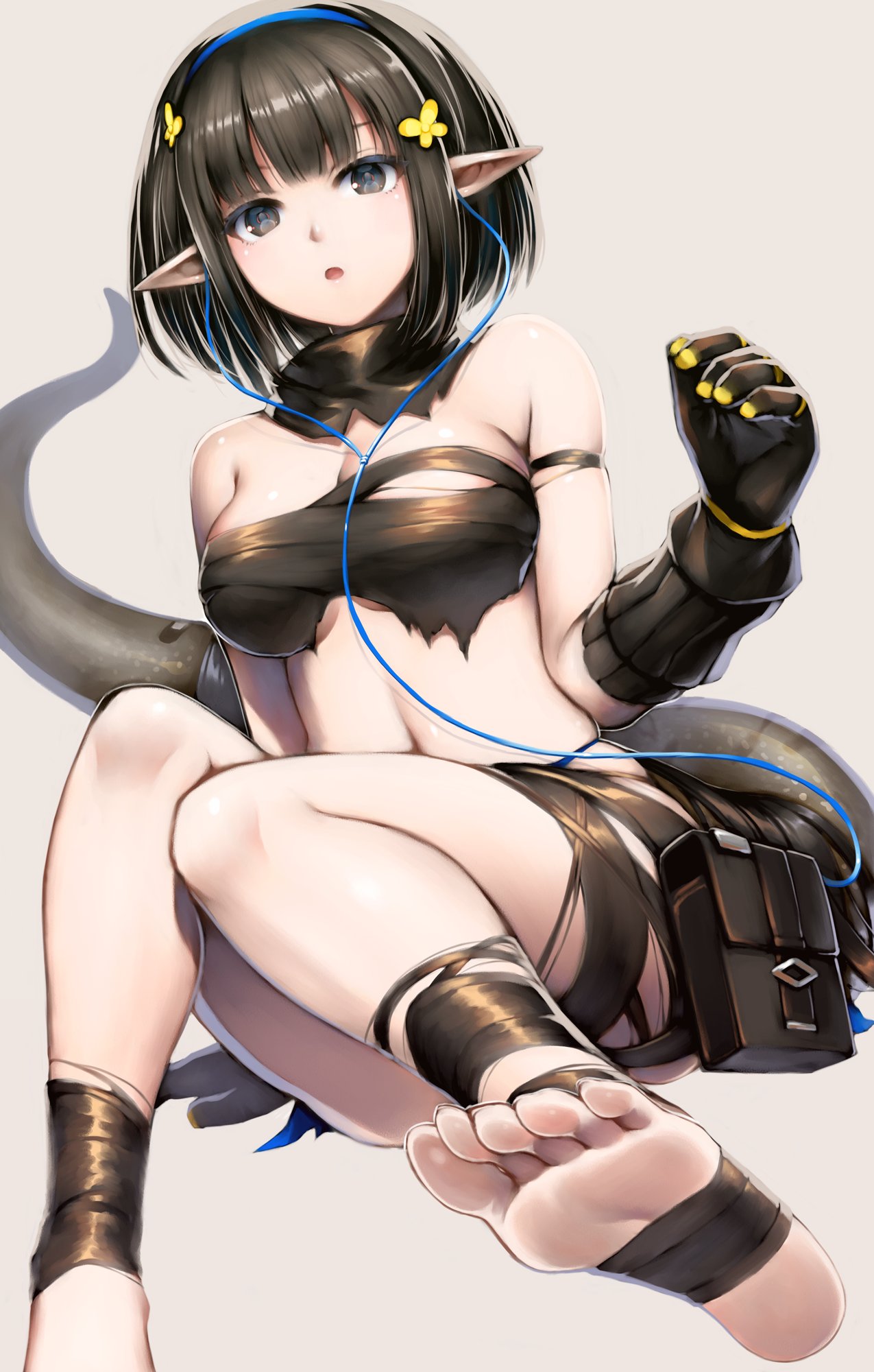 1girl arknights arm_support armlet bandeau bangs bare_shoulders black_eyes black_gloves black_hair black_legwear blunt_bangs breasts earphones eunectes_(arknights) feet feet_out_of_frame flower gloves hair_flower hair_ornament highres kageharu knees_together_feet_apart looking_at_viewer medium_breasts midriff navel open_mouth pointy_ears sarashi scarf short_hair simple_background snake_tail soles solo strapless tail thigh_pouch thigh_strap thighs tube_top under_boob white_background