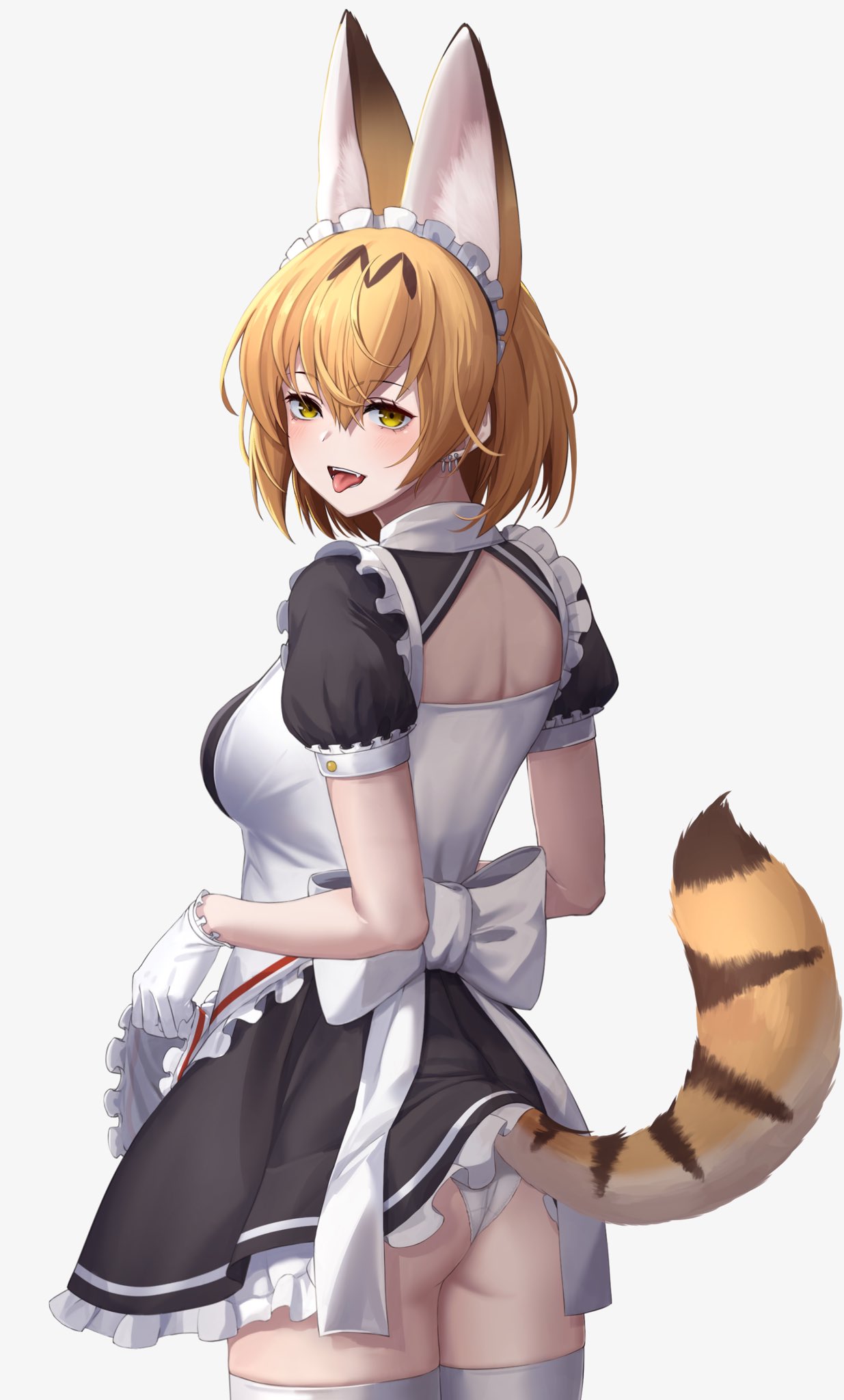 1girl :d animal_ear_fluff animal_ears apron apron_lift ass back_cutout bangs blonde_hair breasts clothing_cutout commentary cowboy_shot deku_suke ear_piercing english_commentary extra_ears fangs frills from_behind gloves hair_between_eyes highres kemono_friends lifted_by_self looking_at_viewer looking_back maid maid_headdress medium_breasts official_alternate_costume open_mouth panties piercing puffy_short_sleeves puffy_sleeves serval_(kemono_friends) short_hair short_sleeves simple_background smile solo tail thigh-highs tongue tongue_out underwear waist_apron white_background white_gloves white_legwear white_panties yellow_eyes
