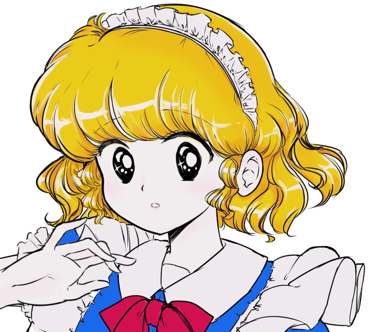 1980s_(style) 1girl black_eyes blonde_hair blue_dress bow bowtie collared_dress commentary_request dress face maid maid_headdress mugetsu_(touhou) puffy_short_sleeves puffy_sleeves red_bow red_bowtie retro_artstyle short_hair short_sleeves simple_background solo takemoto_izumi_(style) touhou touhou_(pc-98) white_background z67y97t87gyihy