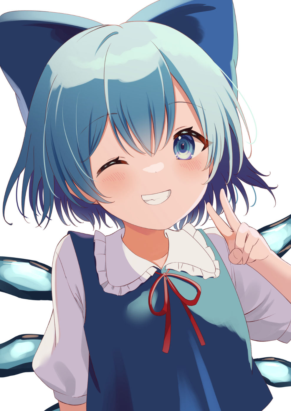 1girl ;d bangs blue_dress blue_eyes blue_hair blush bow cirno dress eyebrows_visible_through_hair grin hair_bow highres ice ice_wings kamachi_(kamati0maru) looking_at_viewer neck_ribbon one_eye_closed pinafore_dress puffy_sleeves red_ribbon ribbon shirt short_hair short_sleeves simple_background smile solo touhou upper_body v white_background wings