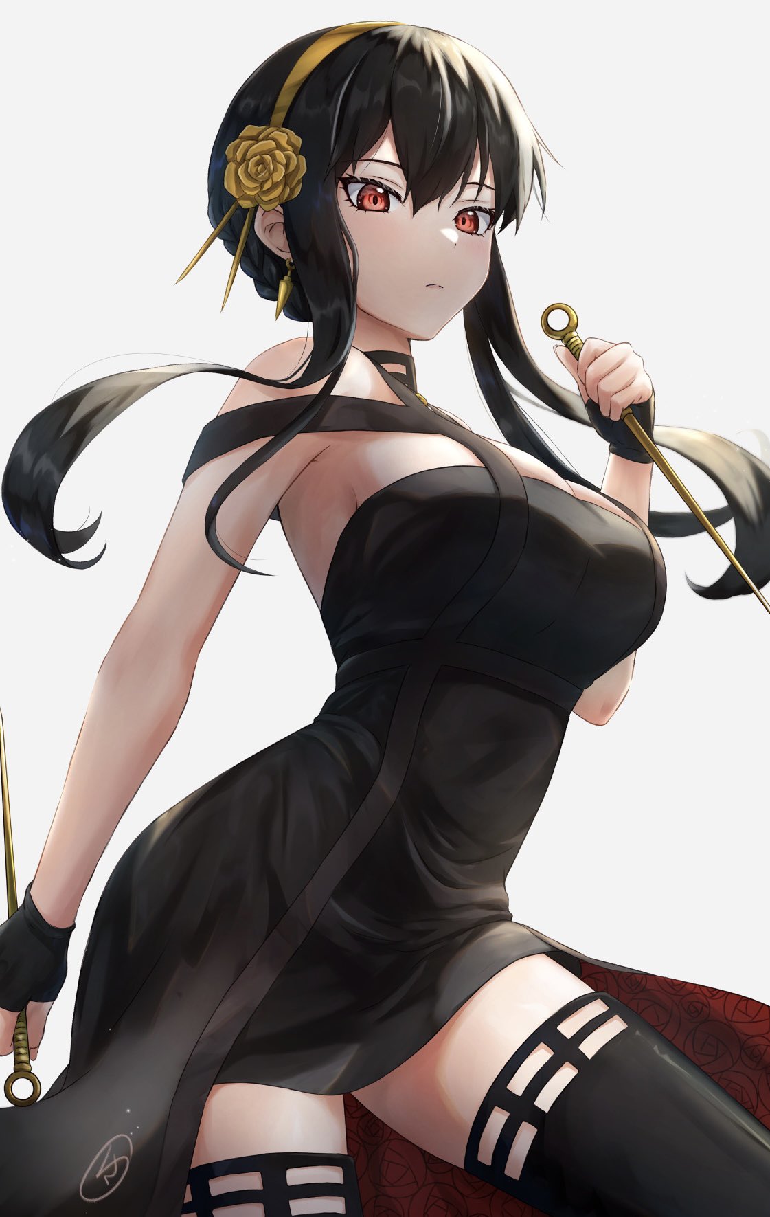 1girl amano_kusatsu artist_logo bangs black_dress black_gloves black_legwear breasts closed_mouth contrapposto cowboy_shot dagger dress dual_wielding earrings expressionless fingerless_gloves floral_print gloves gold gold_earrings gold_hairband hand_up highres holding holding_dagger holding_weapon jewelry knife large_breasts long_hair red_eyes rose_hair_ornament rose_print sidelocks simple_background sleeveless sleeveless_dress solo spikes spy_x_family thigh-highs weapon yor_briar zettai_ryouiki
