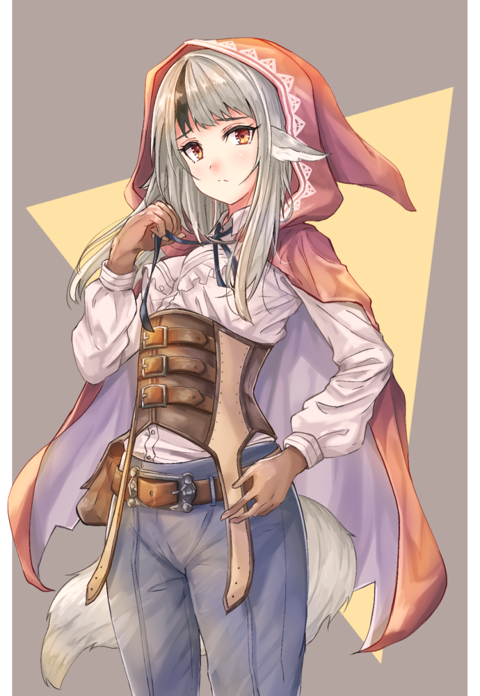 1girl bangs belt belt_buckle blue_pants blue_ribbon border brown_belt brown_gloves buckle cape closed_mouth dress_shirt fire_emblem fire_emblem_fates fuussu_(21-kazin) gloves grey_background hood hood_up hooded long_hair looking_at_viewer neck_ribbon pants pillarboxed red_cape ribbon shiny shiny_hair shirt silver_hair solo standing underbust velouria_(fire_emblem) white_border white_shirt yellow_eyes