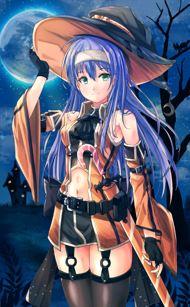 1girl adapted_costume alternate_costume black_gloves black_headwear black_legwear black_skirt crop_top detached_sleeves fire_emblem fire_emblem:_path_of_radiance fire_emblem_heroes floating_hair full_moon fuussu_(21-kazin) garter_straps gloves halloween halloween_costume hat headband long_hair long_sleeves looking_at_viewer mia_(fire_emblem) midriff miniskirt moon navel night official_alternate_costume orange_sleeves purple_hair shiny shiny_hair single_glove skirt sky solo standing star_(sky) starry_sky stomach thigh-highs very_long_hair white_headband wide_sleeves witch witch_hat zettai_ryouiki