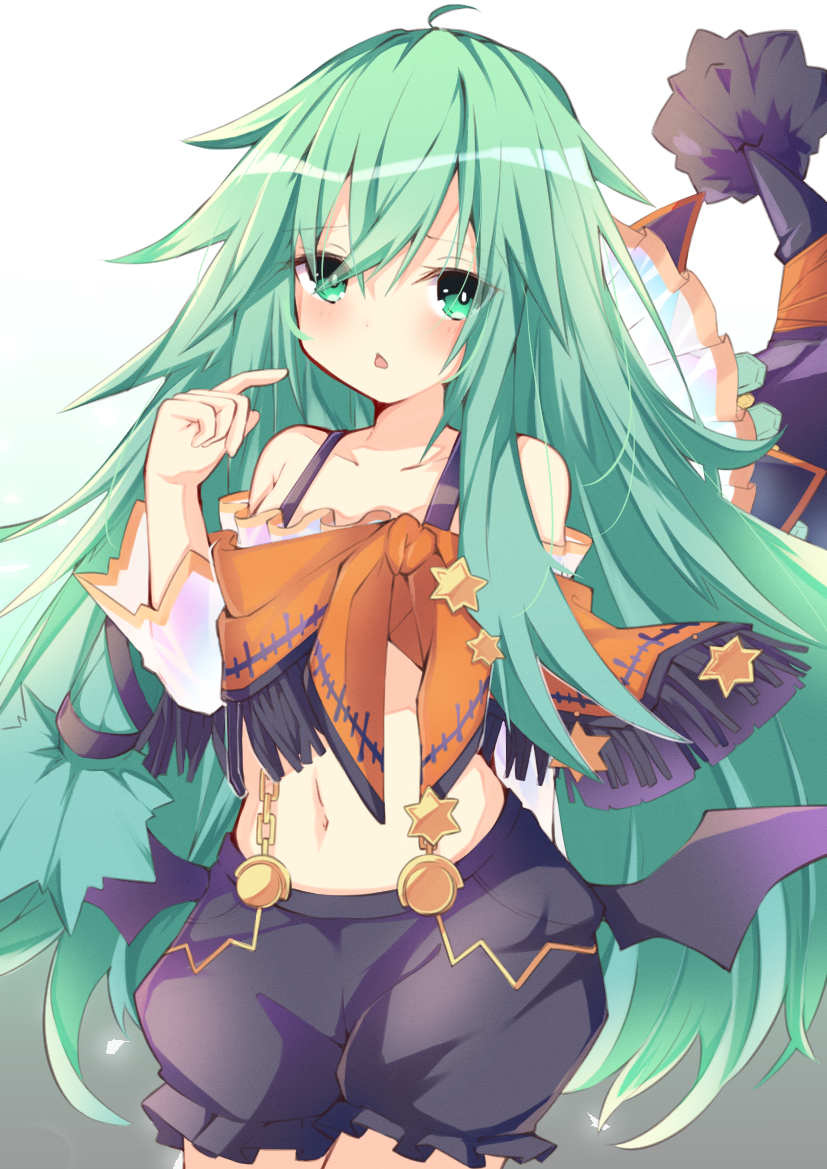 1girl arm_behind_back bare_shoulders black_shorts blush chain cowboy_shot crop_top date_a_live demon_wings frills green_eyes green_hair hand_up hat hat_on_back hat_removed headwear_removed jam_(jamjam777) long_hair looking_at_viewer messy_hair midriff natsumi_(date_a_live) navel off_shoulder open_mouth pointing pointing_at_self poncho short_shorts shorts solo star_pin suspender_shorts suspenders very_long_hair wide_sleeves wings witch witch_hat
