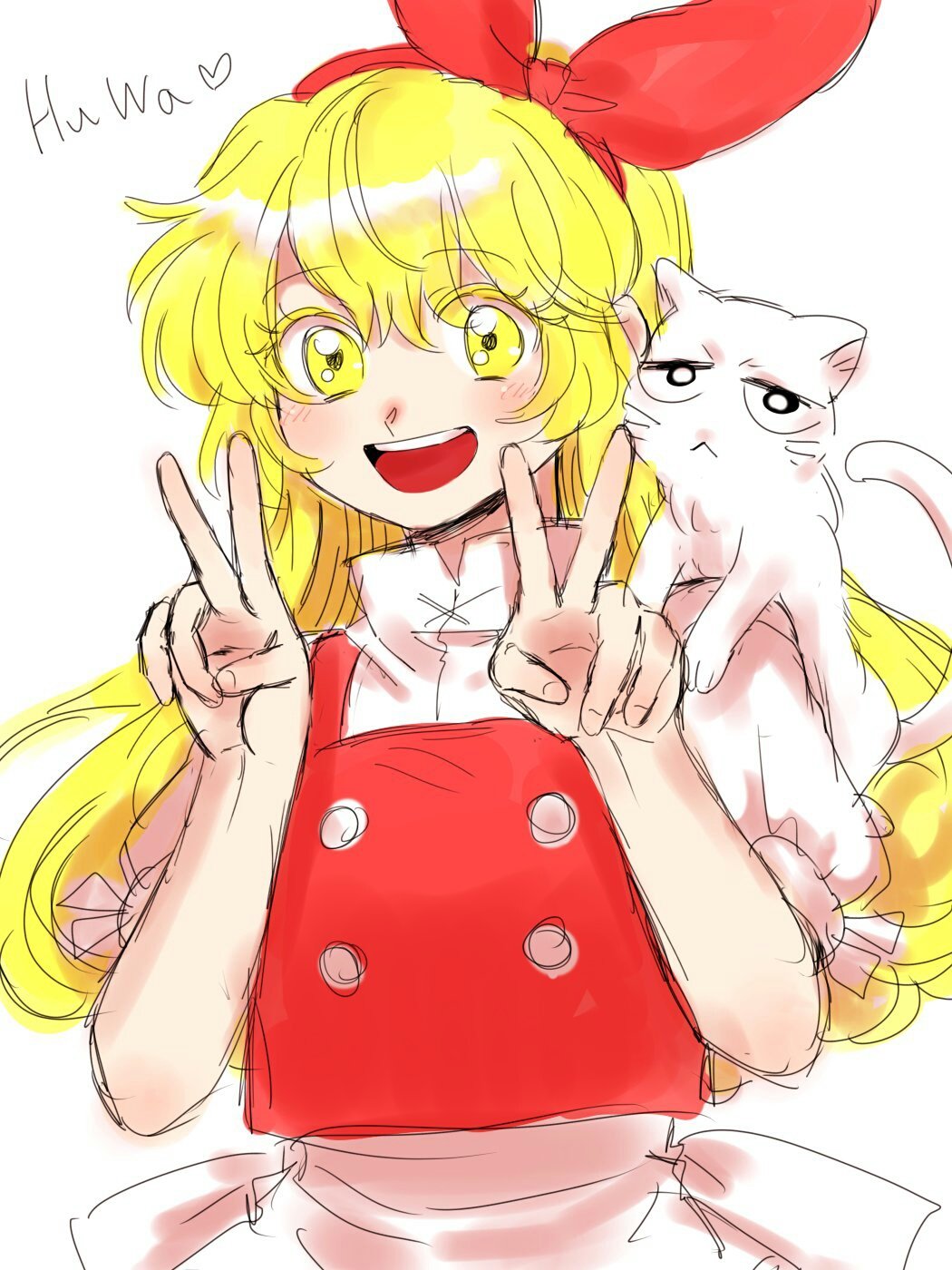 1boy 1girl animal_on_shoulder apron back_bow bangs blonde_hair blush bow buttons cat cat_on_shoulder commentary_request curly_hair double_v ellen_(touhou) eyebrows_visible_through_hair highres kuya_(hey36253625) long_hair open_mouth puffy_short_sleeves puffy_sleeves red_bow red_vest shirt short_sleeves simple_background sketch sokrates_(touhou) teeth touhou touhou_(pc-98) upper_body upper_teeth v very_long_hair vest waist_apron white_apron white_background white_bow white_cat white_shirt yellow_eyes