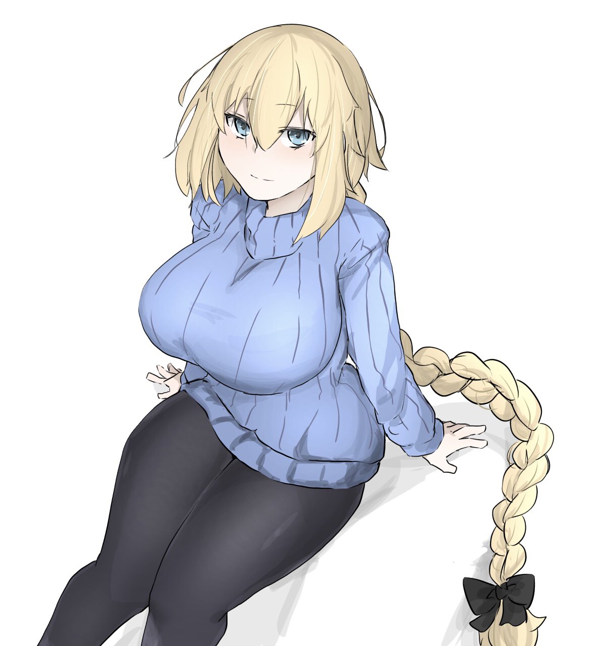 1girl black_legwear blonde_hair blue_eyes blue_sweater bow braid braided_ponytail breasts eyebrows_visible_through_hair fate/grand_order fate_(series) hair_bow highres jeanne_d'arc_(fate) large_breasts long_hair looking_at_viewer looking_up pantyhose ri_o_ne_su ribbed_sweater single_braid sitting smile solo sweater very_long_hair
