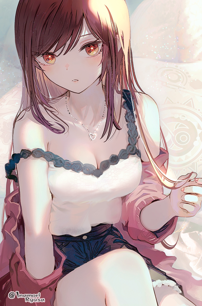 1girl bangs breasts brown_hair clothes_down highres idolmaster idolmaster_shiny_colors inaeda_kei jewelry long_hair looking_at_viewer necktie off-shoulder_shirt off_shoulder oosaki_amana orange_eyes pants parted_lips pendant shirt solo white_shirt