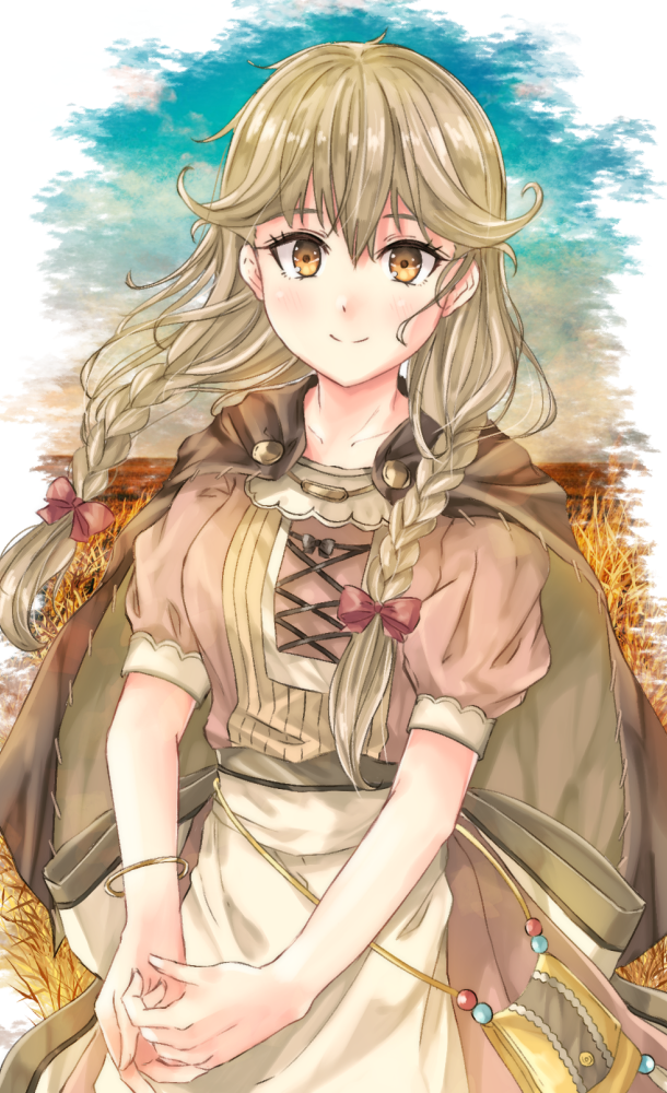 1girl apron bangs blonde_hair bow braid brown_cape brown_eyes cape closed_mouth collarbone faye_(fire_emblem) fire_emblem fire_emblem_echoes:_shadows_of_valentia fuussu_(21-kazin) hair_between_eyes hair_bow long_hair looking_at_viewer low_twintails pink_shirt pink_skirt red_bow shiny shiny_hair shirt short_sleeves skirt smile solo standing twin_braids twintails waist_apron white_apron
