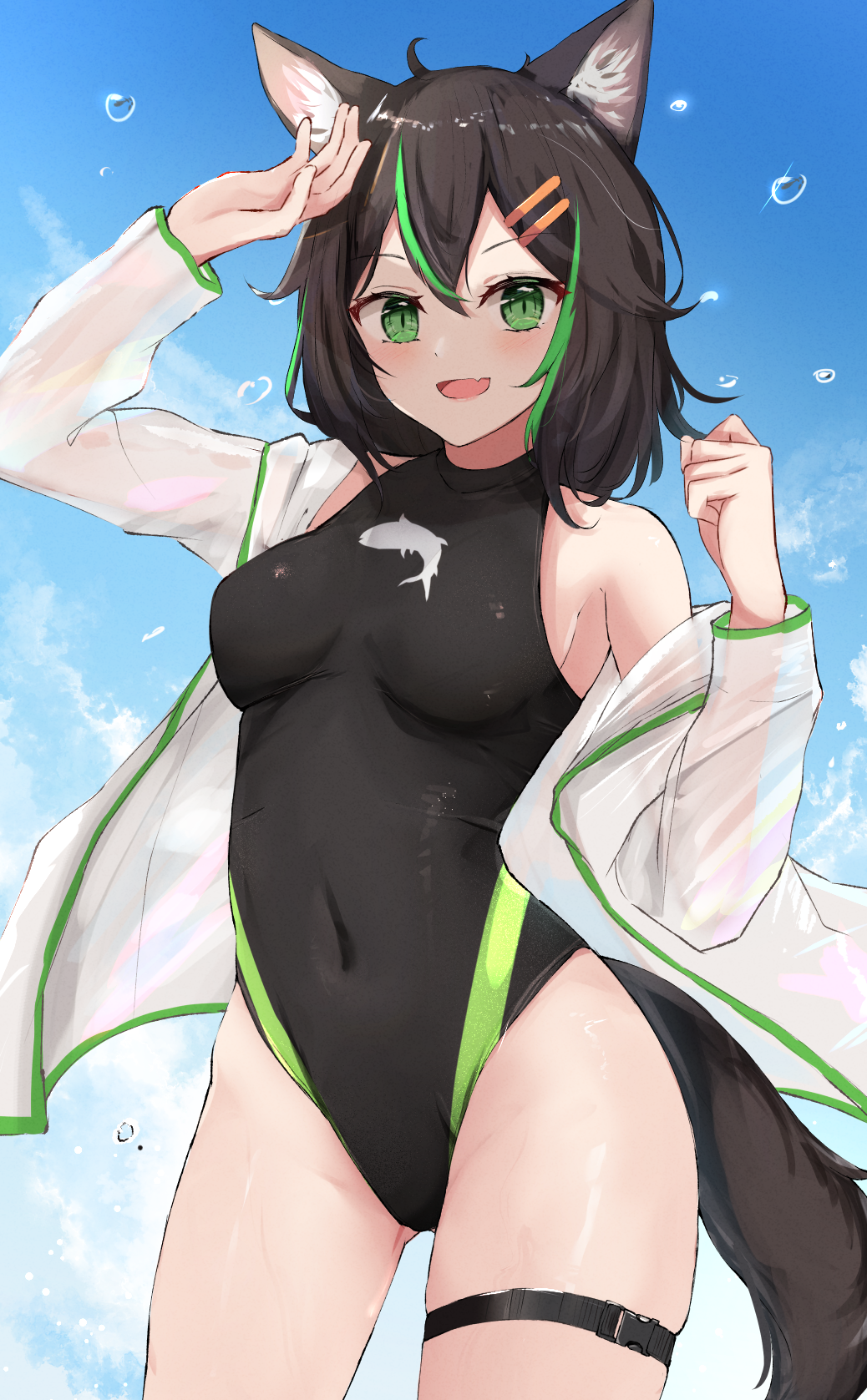 1girl :d animal_ear_fluff animal_ears arm_up ass_visible_through_thighs bare_shoulders black_hair black_swimsuit blue_sky breasts cat_ears cat_girl cat_tail competition_swimsuit covered_navel cowboy_shot day green_eyes green_hair hair_ornament hairclip highres jacket long_sleeves medium_breasts multicolored_hair one-piece_swimsuit open_clothes open_jacket open_mouth original outdoors see-through short_hair shuuzo3 skindentation sky smile solo streaked_hair swimsuit tail thigh_strap two-tone_hair water_drop white_jacket
