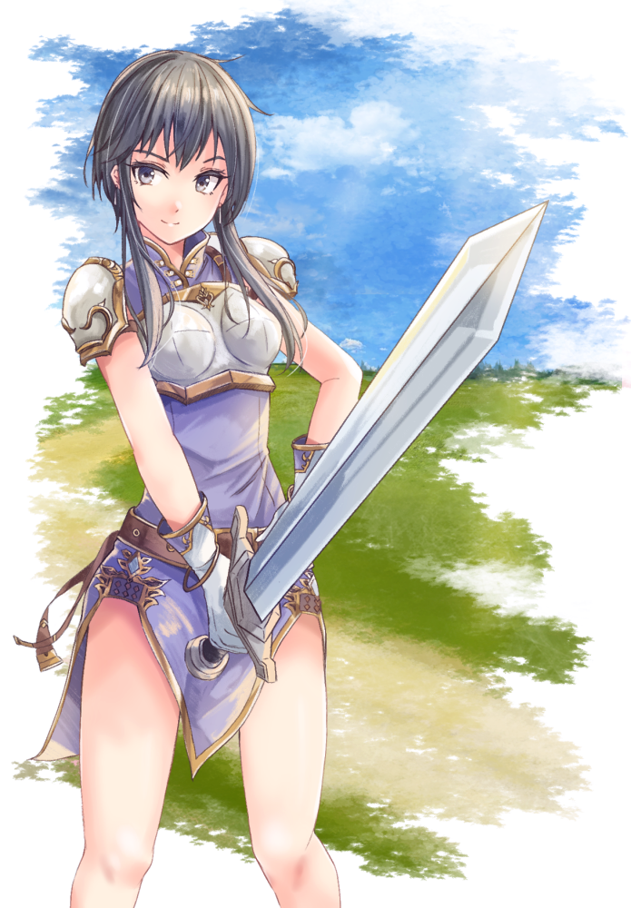 1girl armor bangs bare_legs black_hair breastplate closed_mouth dress fire_emblem fire_emblem:_genealogy_of_the_holy_war fuussu_(21-kazin) gloves grey_eyes hand_on_hip holding holding_sword holding_weapon larcei_(fire_emblem) looking_at_viewer purple_dress shiny shiny_hair short_dress short_hair_with_long_locks shoulder_armor side_slit sidelocks smile solo standing sword weapon white_gloves