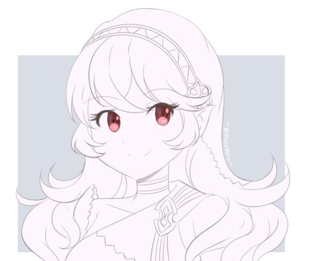 1girl alternate_costume armor artist_name border cape chocomiru corrin_(fire_emblem) corrin_(fire_emblem)_(female) fire_emblem fire_emblem_fates fire_emblem_heroes grey_background hairband happy looking_to_the_side monochrome official_alternate_costume pointy_ears red_eyes solo upper_body wavy_hair white_border