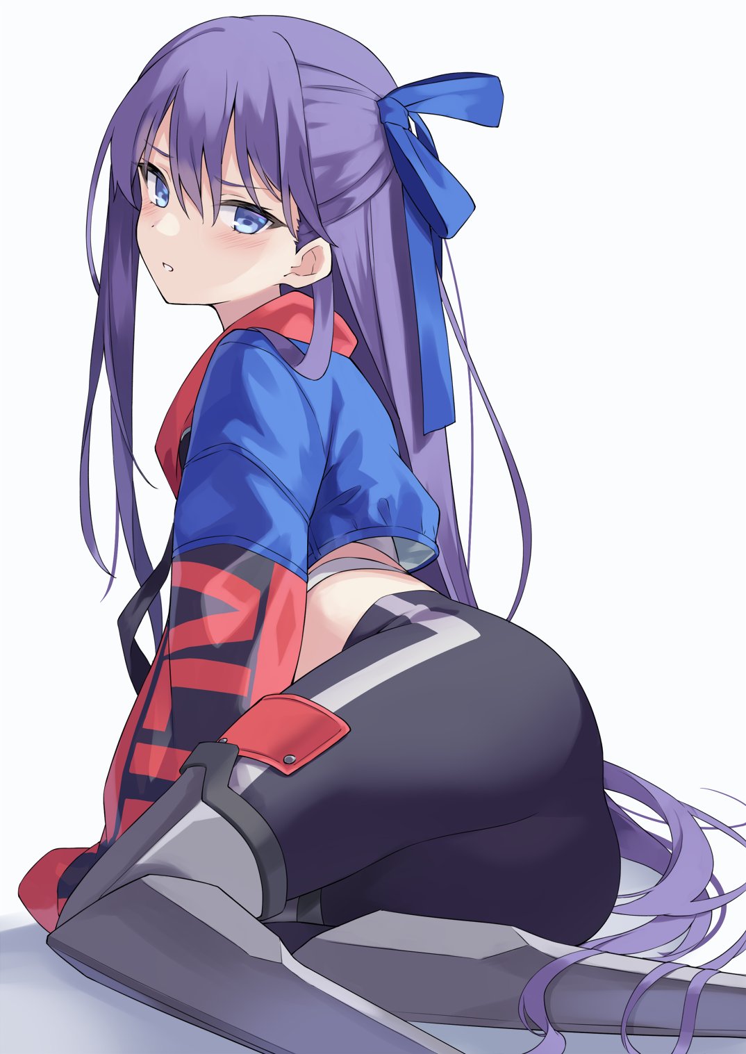 100 1girl armored_boots ass black_pants blue_eyes blue_jacket boots crop_top cropped_jacket fate/grand_order fate_(series) hair_ribbon half_updo highres jacket knee_boots long_hair long_sleeves looking_at_viewer meltryllis_(fate) midriff pants parted_lips purple_hair ribbon shirt simple_background sitting solo undershirt very_long_hair white_background white_shirt yokozuwari