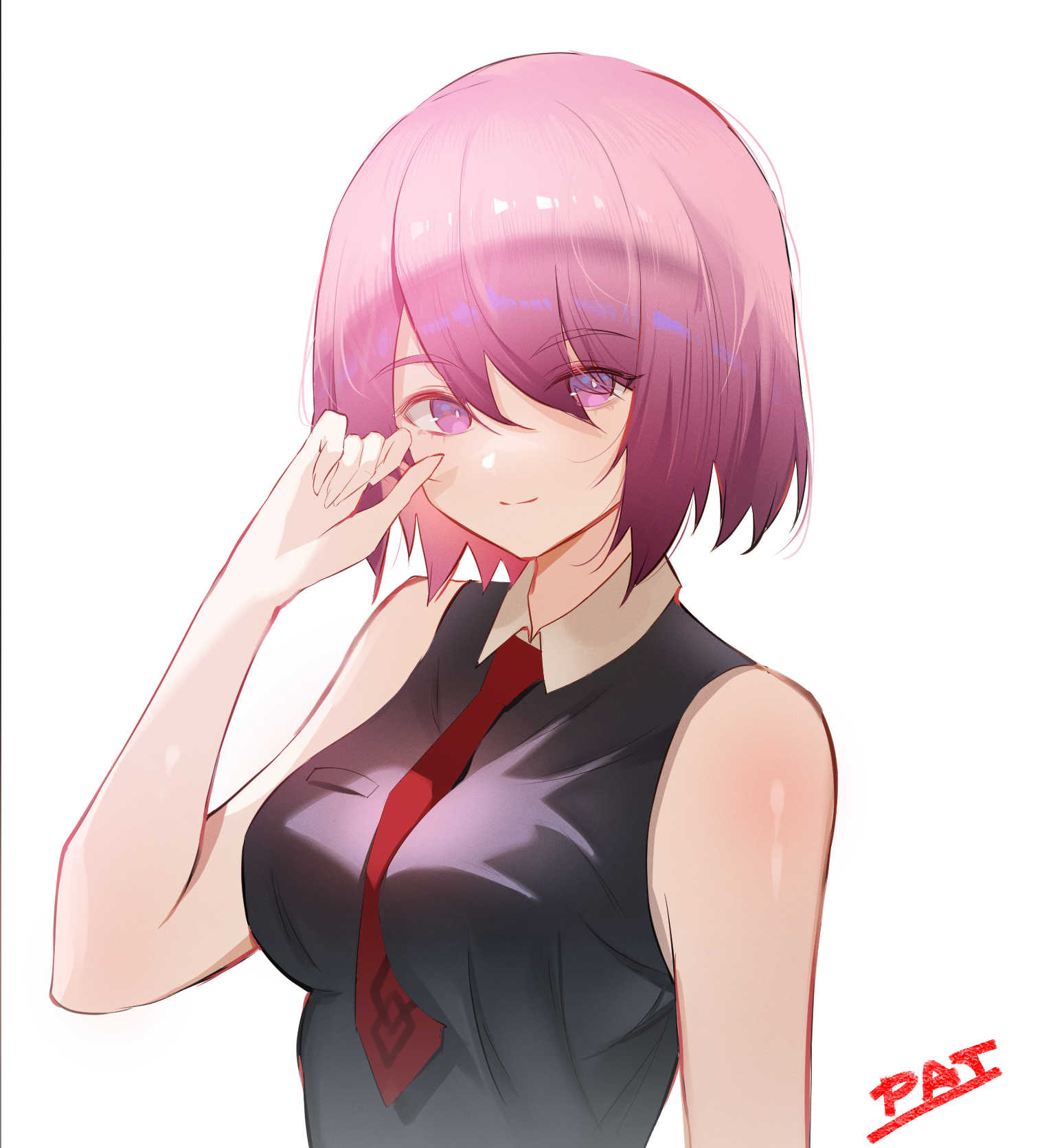 1girl artist_name bangs bare_arms bare_shoulders between_breasts black_dress breasts closed_mouth dress eyebrows_visible_through_hair fate/grand_order fate_(series) hair_between_eyes hand_up highres looking_at_viewer mash_kyrielight medium_breasts necktie necktie_between_breasts pat_bharasarn purple_hair red_necktie short_hair simple_background sleeveless sleeveless_dress smile solo upper_body violet_eyes white_background