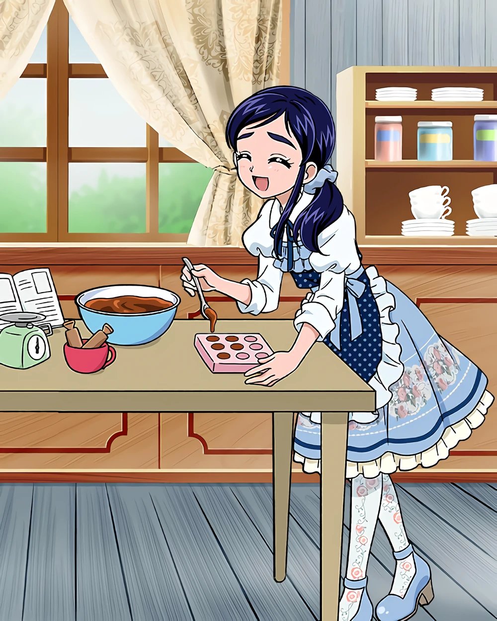 1girl apron blue_footwear blue_hair chocolate closed_eyes cooking dress frilled_dress frills front_ponytail full_body futari_wa_precure highres juliet_sleeves kitchen long_hair long_sleeves official_art precure precure_connection_puzzlun puffy_sleeves smile solo thick_eyebrows third-party_source yukishiro_honoka