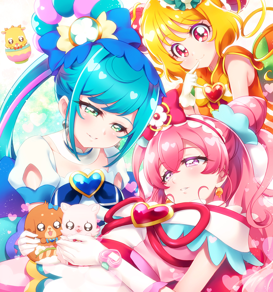 ahoge ankle_bow aqua_hair back_bow blonde_hair blue_bow blush bow bowl brooch bun_cover china_dress chinese_clothes choker closed_mouth commentary_request cure_precious cure_spicy cure_yum-yum delicious_party_precure dog dragon dress drill_hair earrings eyebrows_visible_through_hair finger_to_mouth fork fox fuwa_kokone gloves green_eyes hair_bow hair_cones half-closed_eyes hanamichi_ran headdress heart heart_background heart_brooch huge_bow in_bowl in_container index_finger_raised jewelry kome-kome_(precure) long_hair looking_at_another looking_at_viewer lying magical_girl mem-mem_(precure) mini_koala multicolored_hair nagomi_yui on_back pam-pam_(precure) parted_lips partial_commentary pink_bow pink_choker pink_hair ponytail precure red_eyes sidelocks smile spoon streaked_hair triple_bun two_side_up upper_body white_gloves white_stripes yellow_bow
