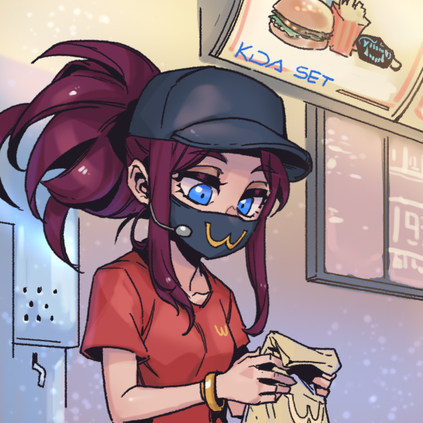 1girl akali bag bangs black_mask blue_eyes bracelet breasts burger collarbone food french_fries heart holding holding_bag jewelry k/da_(league_of_legends) league_of_legends long_hair mask mcdonald's monochrome mouth_mask parted_bangs phantom_ix_row ponytail red_shirt redhead shiny shiny_hair shirt short_sleeves small_breasts solo upper_body