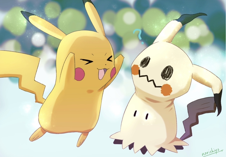 &gt;_&lt; :d ? arms_up black_eyes blurry commentary_request happy mimikyu no_humans norishiyo open_mouth pikachu pokemon pokemon_(creature) signature smile solid_oval_eyes tongue