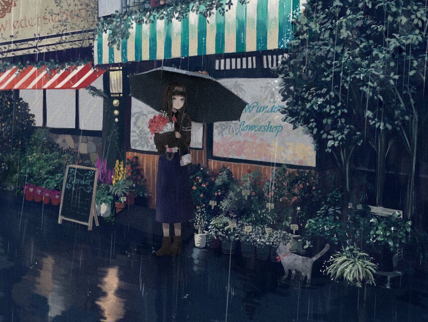 1girl awning bag black_hair boots bouquet cat chalkboard_sign day flower_shop german_text handbag hime_cut holding holding_bouquet ivy leaf long_skirt looking_at_viewer naganami_towa original outdoors plant potted_plant rain shop skirt solo storefront symbol-only_commentary tree umbrella wind_chime