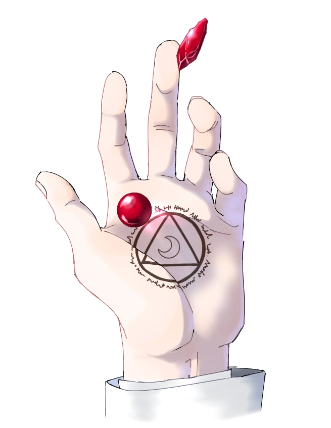 1boy commentary_request crescent fake_text fullmetal_alchemist gem hand_focus hand_tattoo long_sleeves male_focus osenchurii palms red_gemstone simple_background solf_j._kimblee solo tattoo white_background