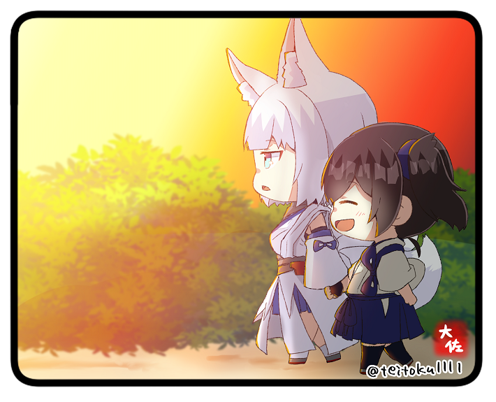 2girls animal_ear_fluff animal_ears artist_name azur_lane blue_eyes blue_skirt border brown_hair bush chibi closed_eyes commentary detached_sleeves fox_ears fox_girl fox_tail frilled_skirt frills full_body happy japanese_clothes kaga_(azur_lane) kaga_(kancolle) kantai_collection kimono long_sleeves multiple_girls open_mouth outdoors short_hair short_twintails sidelocks skirt sunset tail taisa_(kari) twintails walking white_border white_hair white_kimono wide_sleeves