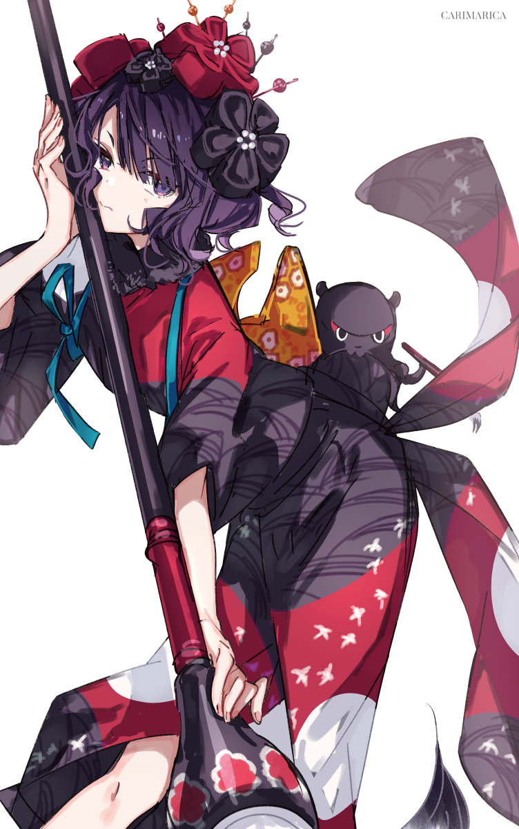 1girl bangs blue_eyes blush breasts carimarica fate/grand_order fate_(series) hair_ornament hairpin highres japanese_clothes katsushika_hokusai_(fate) kimono large_breasts long_sleeves looking_at_viewer octopus purple_hair purple_kimono red_kimono sash short_hair tokitarou_(fate) wide_sleeves