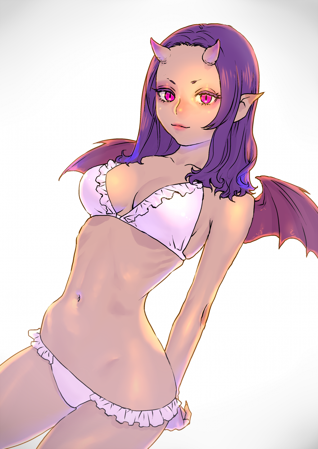 arms_behind_back bangs bikini breasts colored_eyelashes colored_skin cowboy_shot demon_girl demon_horns demon_wings dutch_angle frilled_bikini frills highres horns medium_breasts midriff navel original parted_bangs peco_(pockleberry) pointy_ears purple_skin short_eyebrows slit_pupils smile swimsuit violet_eyes wings