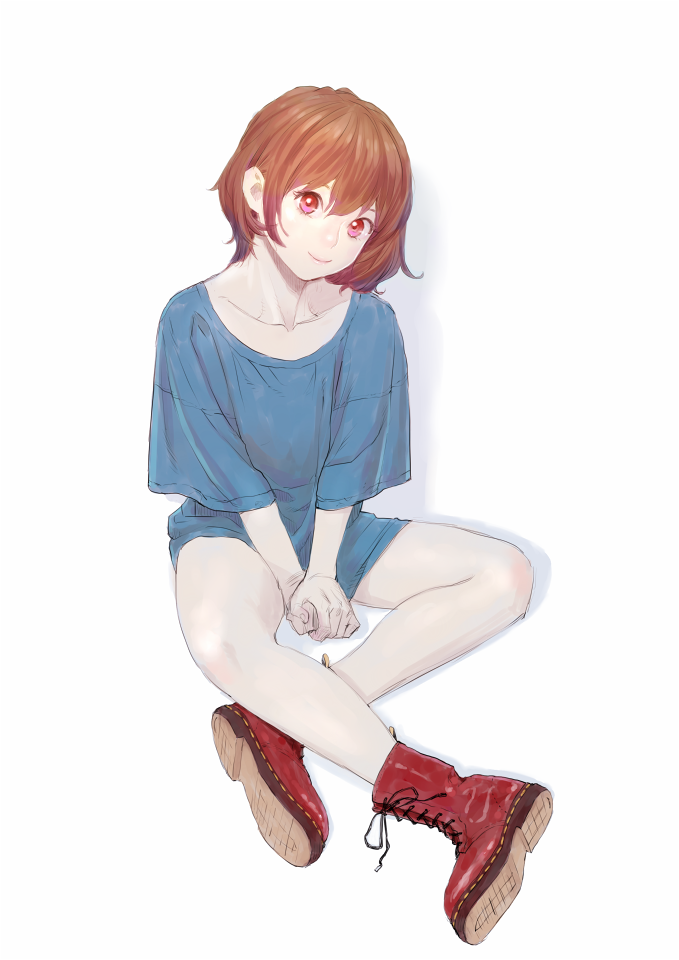 1girl baggy_clothes bare_legs between_legs boots brown_hair from_above hand_between_legs head_tilt indian_style looking_at_viewer original own_hands_together pale_skin peco_(pockleberry) red_eyes red_footwear shirt short_hair sitting smile solo t-shirt