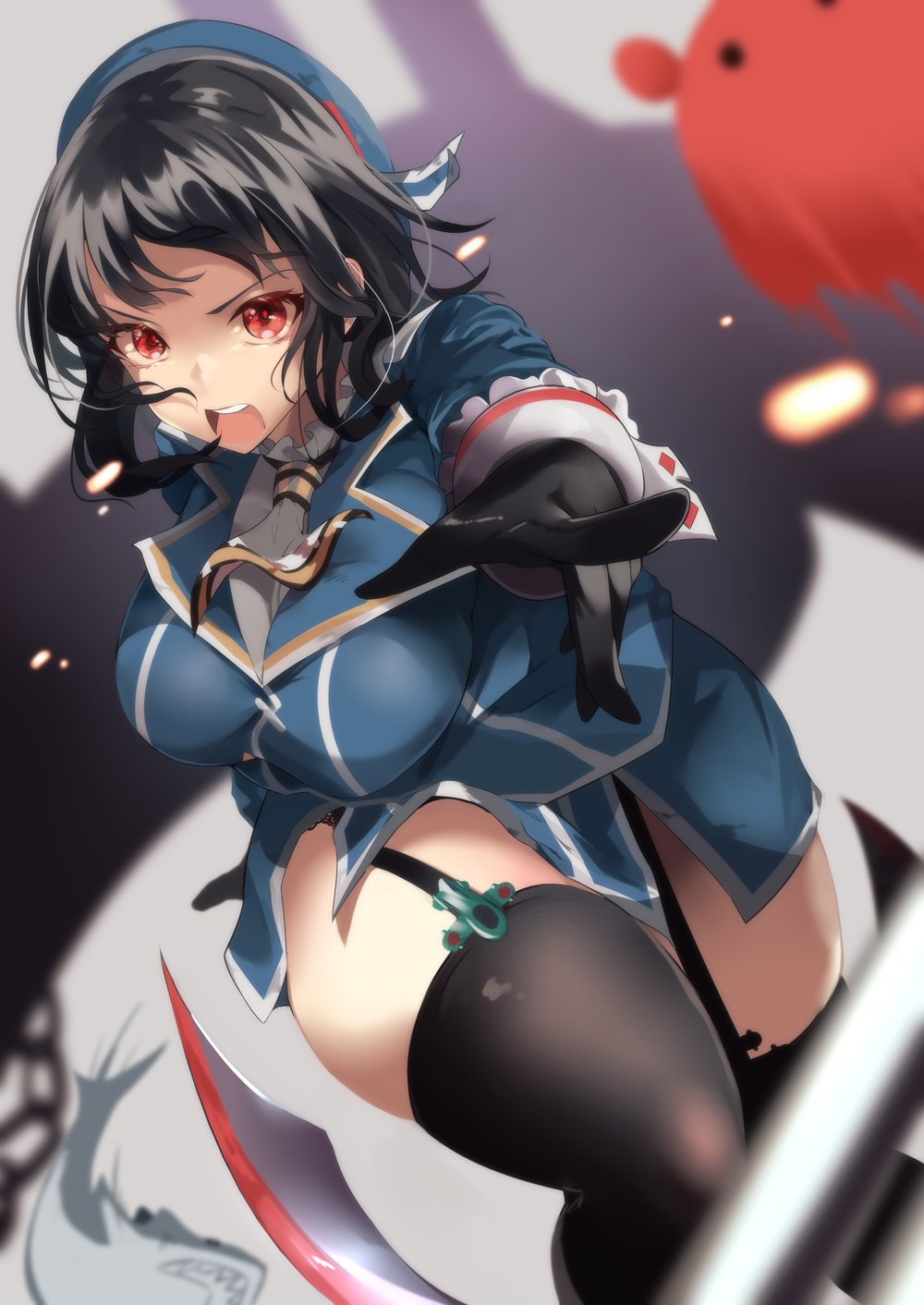 1girl beret black_gloves black_hair black_legwear blue_headwear blurry breasts commentary_request creature depth_of_field endou_(zettai_bluenoid) garter_straps gloves hat highres kantai_collection large_breasts military military_uniform miniskirt open_mouth red_eyes round_teeth rudder_footwear short_hair skirt solo takao_(kancolle) teeth thick_thighs thigh-highs thighs uniform upper_teeth