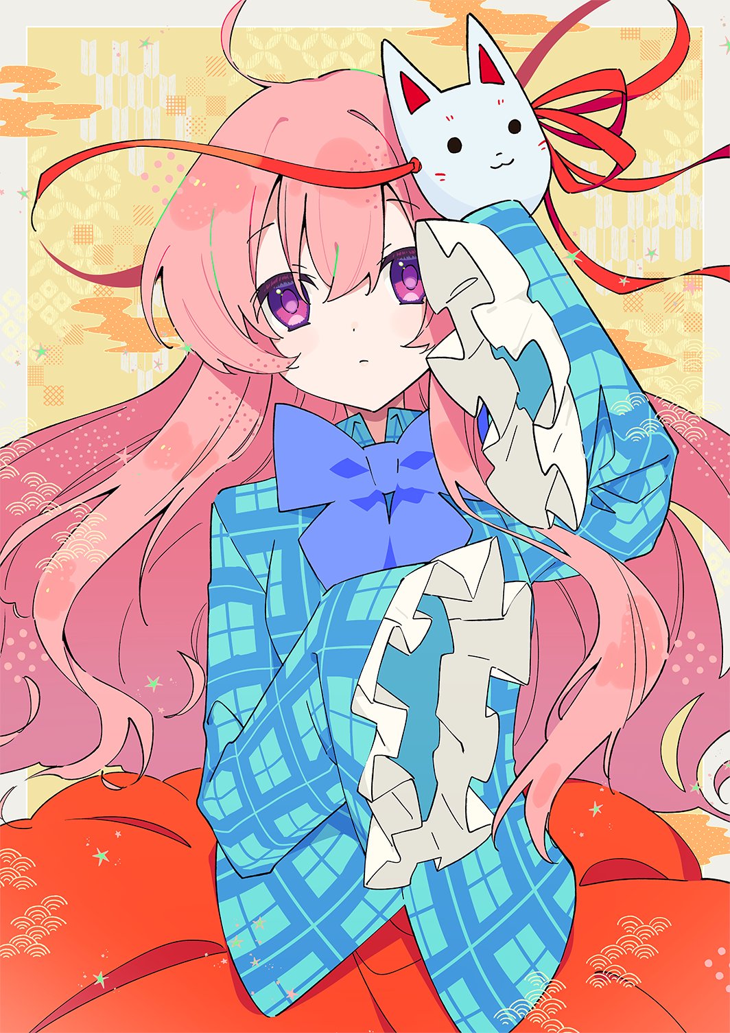 1girl bangs blue_bow blue_bowtie bow bowtie closed_mouth eyebrows_visible_through_hair fox_mask frilled_sleeves frills futoumeido hata_no_kokoro highres long_hair long_sleeves mask mask_on_head pink_eyes pink_hair plaid plaid_shirt red_skirt shirt skirt sleeves_past_fingers sleeves_past_wrists solo symbol-only_commentary touhou upper_body yellow_background