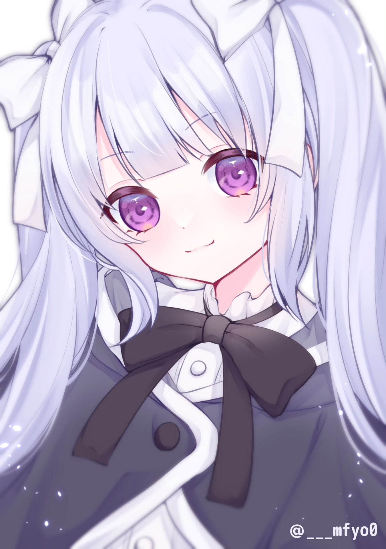 1girl assault_lily bangs black_bow black_bowtie blunt_bangs blurry blush bow bowtie buttons closed_mouth commentary_request cropped_jacket depth_of_field eyebrows_visible_through_hair frilled_shirt_collar frills grey_hair hair_bow head_tilt highres light_blush light_particles light_smile long_hair looking_at_viewer mafuyu_(mfyo0) miriam_hildegard_von_gropius school_uniform shirt simple_background solo twintails twitter_username upper_body violet_eyes white_background white_bow white_shirt yurigaoka_girls_academy_school_uniform
