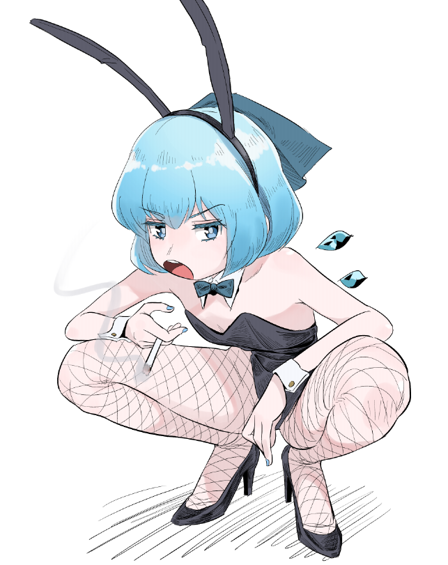 1girl :o animal_ears bangs black_footwear black_legwear black_leotard blue_bow blue_bowtie blue_eyes blue_hair blue_nails bow bowtie breasts cigarette cirno delinquent detached_collar eyebrows_visible_through_hair fishnet_legwear fishnets frogsnake full_body hair_bow hairband highleg highleg_leotard ice ice_wings leotard looking_at_viewer nail_polish open_mouth pantyhose playboy_bunny rabbit_ears short_hair simple_background small_breasts smoke smoking solo spread_legs squatting strapless strapless_leotard teeth touhou traditional_bowtie upper_teeth white_background wing_collar wings wrist_cuffs