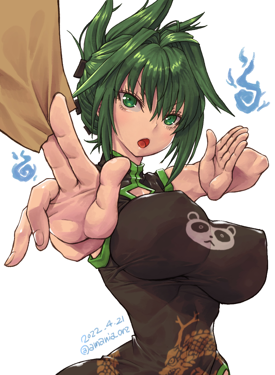 1girl :o amania_orz bangs black_dress breasts china_dress chinese_clothes covered_nipples dated dress fighting_stance green_eyes hair_intakes highres holding holding_paper large_breasts open_hand open_mouth paper shaman_king solo tao_jun twitter_username updo upper_body v-shaped_eyebrows white_background