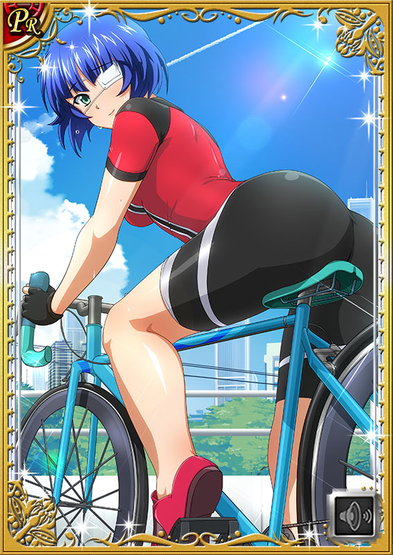 1girl bangs bicycle bike_jersey bike_shorts black_gloves black_shorts blue_hair blue_sky blunt_bangs card_(medium) closed_mouth day eyebrows_visible_through_hair eyepatch fingerless_gloves gloves green_eyes ground_vehicle ikkitousen jacket lens_flare looking_at_viewer looking_back outdoors red_footwear red_jacket ryomou_shimei shiny shiny_hair short_hair short_sleeves shorts sky smile solo sunlight