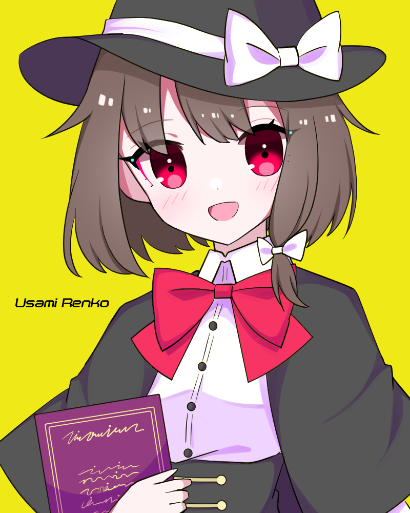 1girl black_capelet black_headwear black_skirt book bow bowtie brown_hair capelet character_name collared_shirt commentary_request fedora hair_bow hat holding holding_book kumeri0804 long_sleeves looking_at_viewer one-hour_drawing_challenge open_mouth red_bow red_bowtie red_eyes shirt short_hair simple_background skirt touhou upper_body usami_renko white_bow white_shirt yellow_background