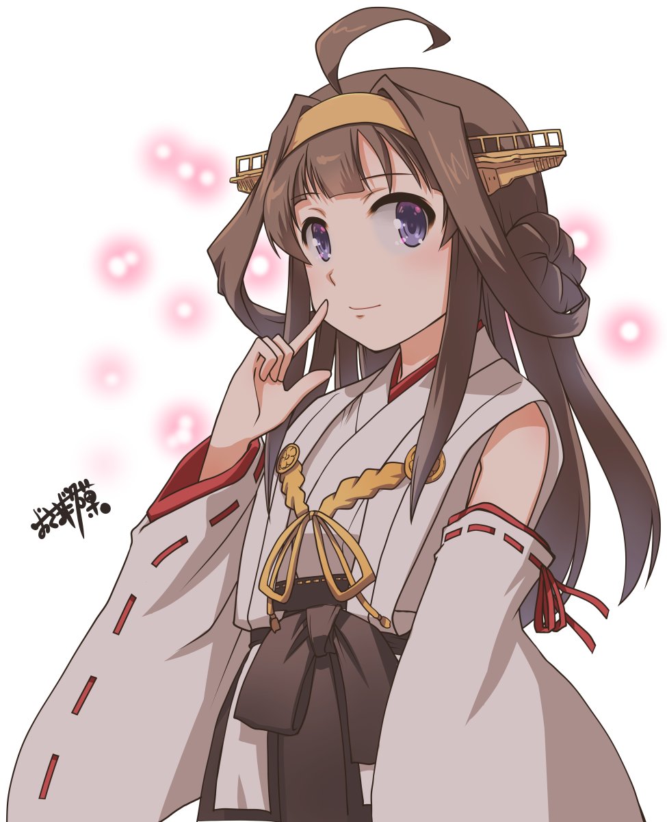 1girl ahoge brown_hair brown_hakama brown_skirt commentary_request detached_sleeves double_bun finger_to_face hakama hakama_short_skirt hakama_skirt headgear highres japanese_clothes kantai_collection kongou_(kancolle) kongou_kai_ni_(kancolle) long_hair looking_at_viewer nontraditional_miko osamada_meika signature skirt smile solo wide_sleeves