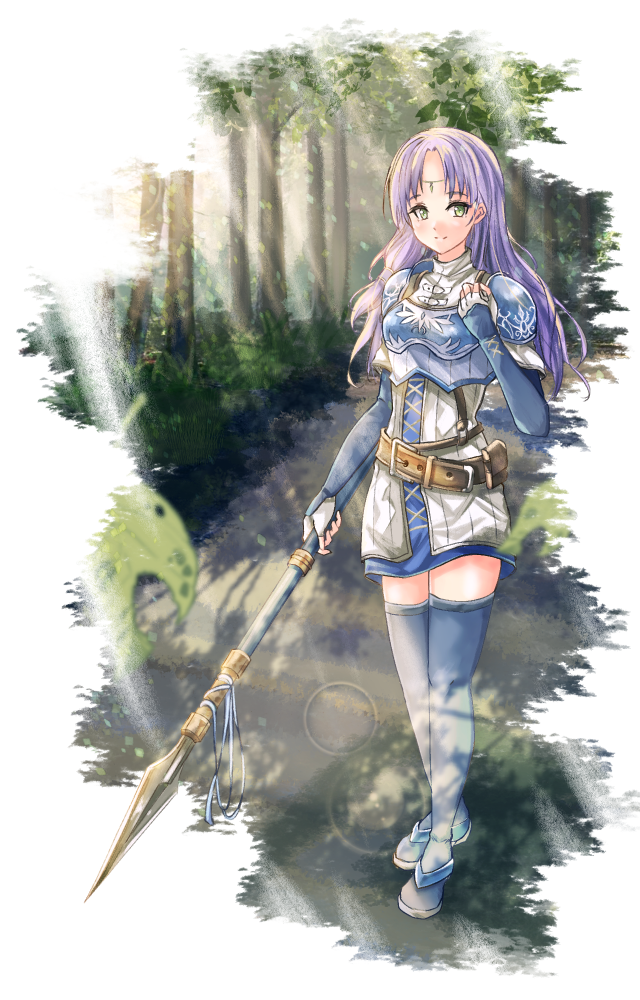 1girl armor blue_footwear boots breastplate character_request circlet closed_mouth dress fingerless_gloves fire_emblem fire_emblem:_the_blazing_blade floating_hair florina_(fire_emblem) forest full_body fuussu_(21-kazin) gloves holding holding_polearm holding_weapon lens_flare long_hair looking_at_viewer nature polearm purple_hair short_dress shoulder_armor smile solo standing straight_hair sunlight thigh-highs thigh_boots weapon white_gloves yellow_eyes