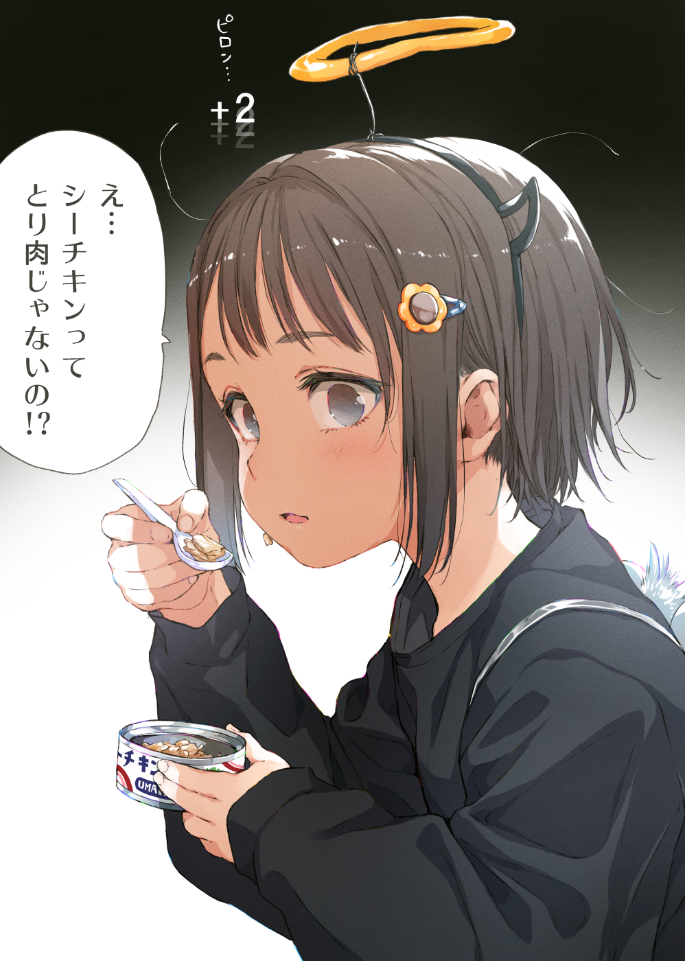 1girl ano_ko_wa_toshi_densetsu bangs black_background black_hair black_shirt commentary fake_halo fake_horns fake_wings flower food food_on_face gomennasai gradient gradient_background grey_eyes hair_flower hair_ornament hairclip highres holding holding_spoon horns long_sleeves looking_at_viewer mini_wings parted_lips puffy_long_sleeves puffy_sleeves shirt sleeves_past_wrists solo spoon thick_eyebrows translated upper_body white_background white_wings wings yellow_flower zangyaku-san