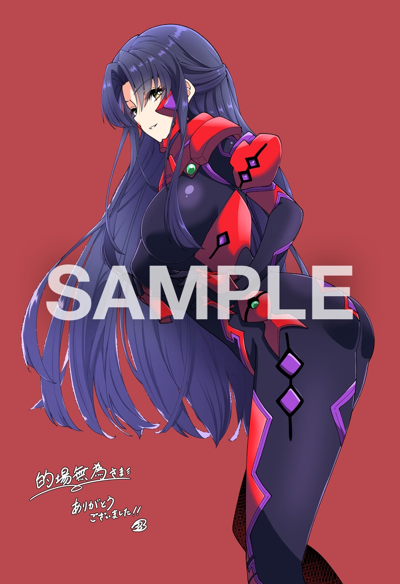 1girl ass bangs blue_hair breasts bright_pupils brown_eyes commission eyebrows_visible_through_hair fortified_suit from_side hair_behind_ear kamon_rider large_breasts leaning_forward looking_at_viewer muvluv muvluv_alternative original parted_bangs parted_lips pilot_suit red_background sample_watermark skeb_commission smile solo white_pupils